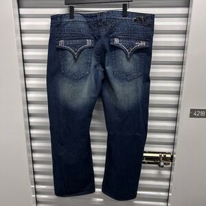 Y2K Robins Jean Mens Dark Wash Crystal Wing Flap Pocket Straight Leg Jeans Blue